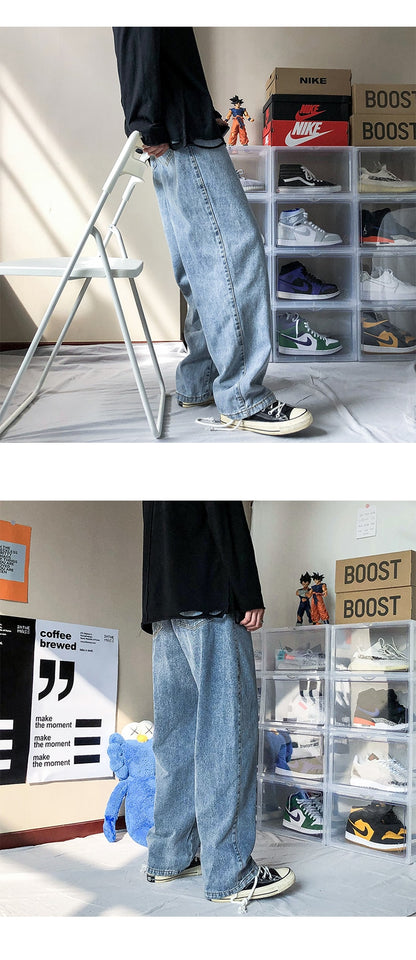 Men's New Loose Black/blue Straight Pants Solid Color Casual Pants Baggy Homme Cargo Pocket Jeans Biker Denim Trousers