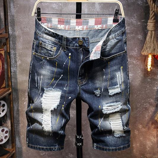 Summer new men's graffiti ripped denim shorts