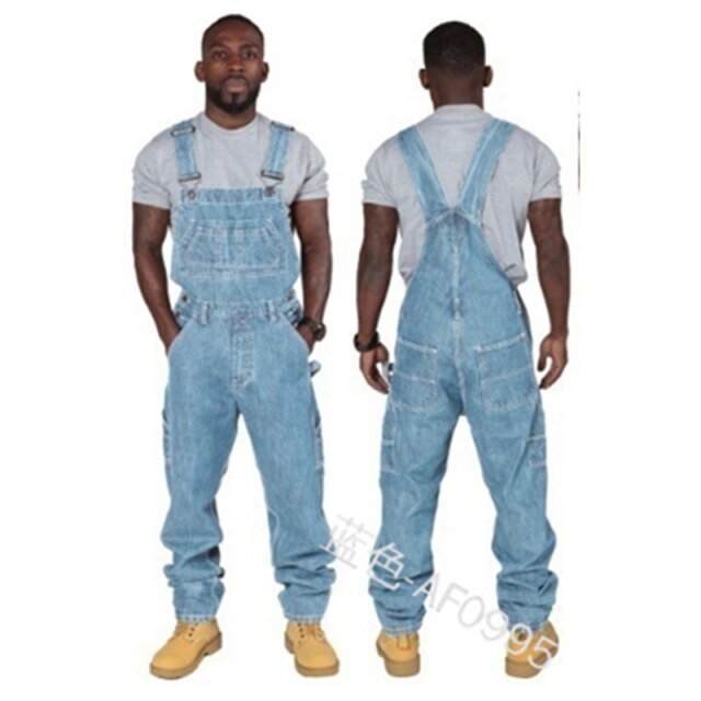 WEPBEL Men's Denim Bib Pants Full Length Jeans Jumpsuits Hip Hop Straight Jeans Overalls for Men Streetwear