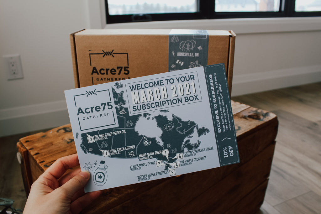 A photo of the March 2021 Acre75 Gathered Box Information Card