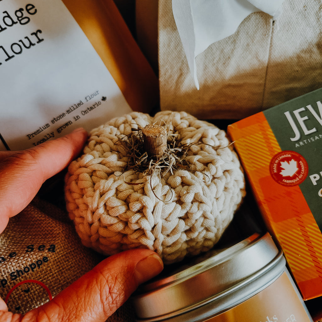 Cozy Crochet Pumpkin Made by Amy Nicole Designs in Milverton, On Acre75 Gathered Fall Canadian Subscription Box
