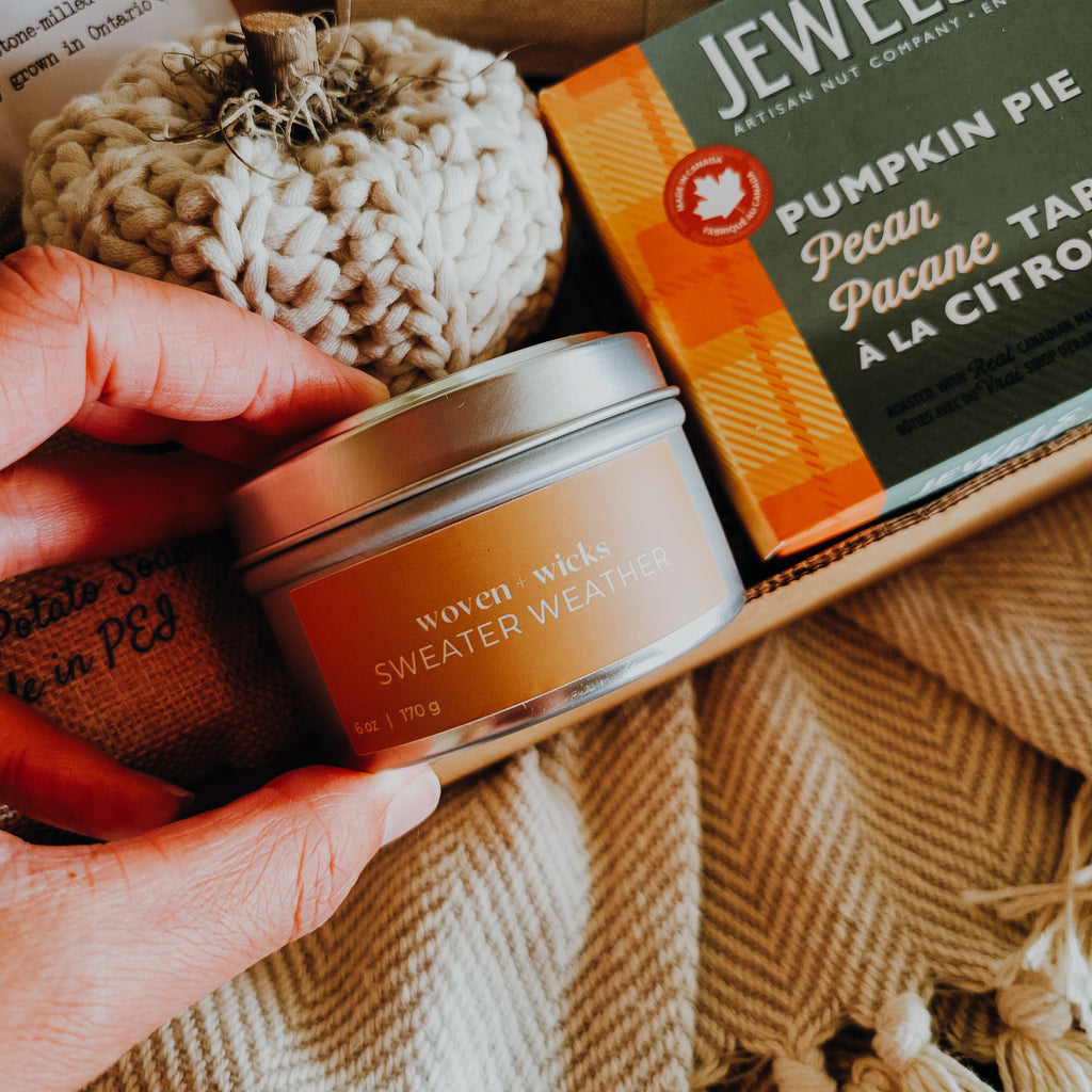 Sweater Weather Candle made by Woven and Wicks Acre75 Gathered Fall Canadian Subscription Box