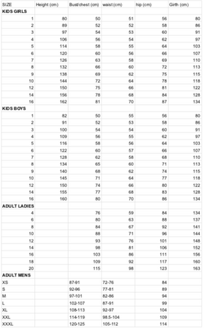 Dance Costume Size Chart