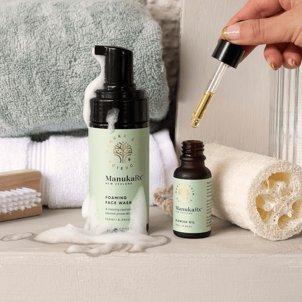 Banish Blemishes Naturally with Mānuka Oil image of ManukaRx Banish Blemishes kit for clear skin naturally with the world's most powerful antibacterial essential oil.