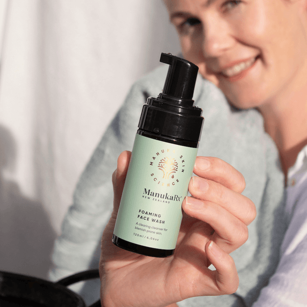 Banish Blemishes Naturally with Mānuka Oil image with ManukaRx Foaming Facial Wash with antibacterial power of Manuka Oil.