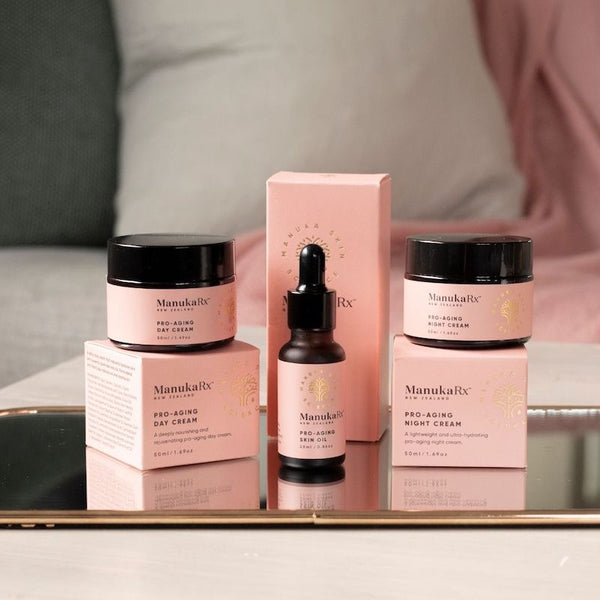 Two Essential Oils to Enhance Your Natural Beauty at 50, 60 and Beyond image showing ManukaRx Pro-Aging Trio lineup of natural anti-aging skincare products.