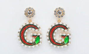 GOLD DANGLING G EARRINGS CLEAR RED GREEN STONES WHITE PEARLS ( 2381 GD )