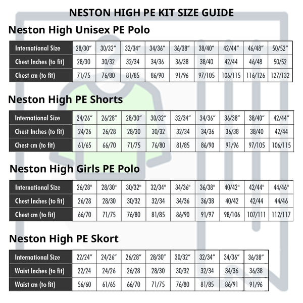 Neston High PE Kit Size Guide