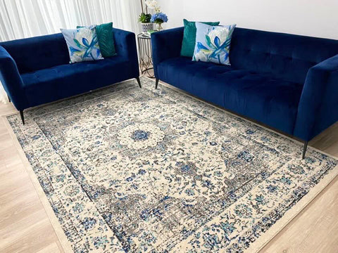 Awaken Ivory Blue Black Oriental Rug