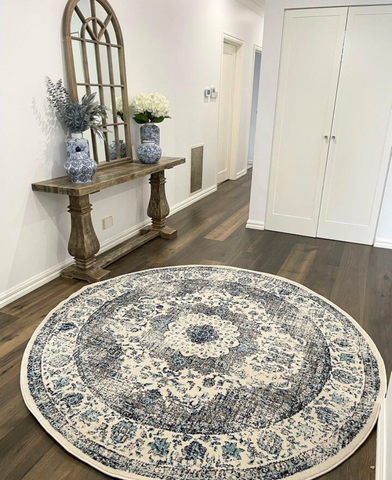 Awaken Ivory Blue Black Oriental Round Rug