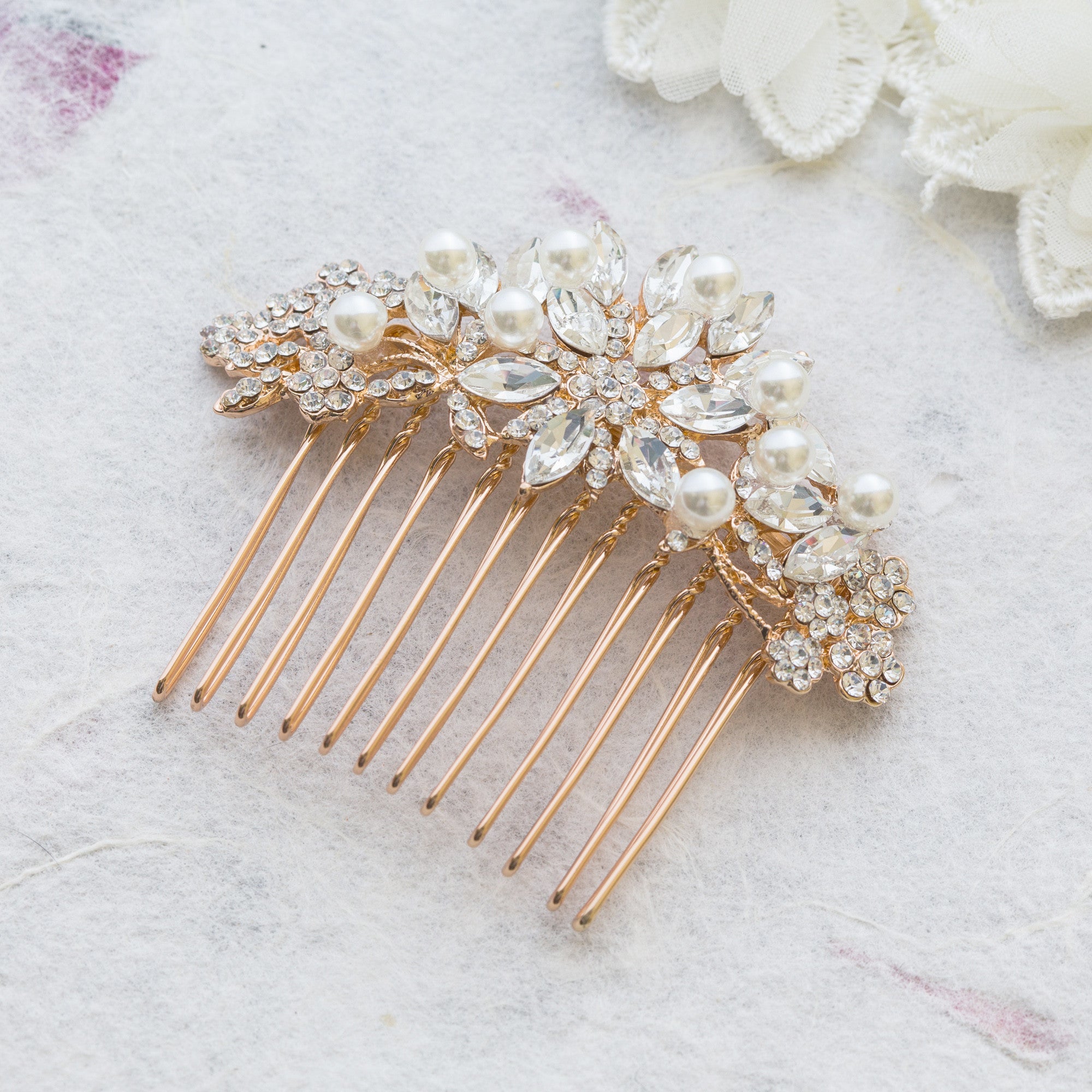 Bette crystal and pearl gold hair comb 