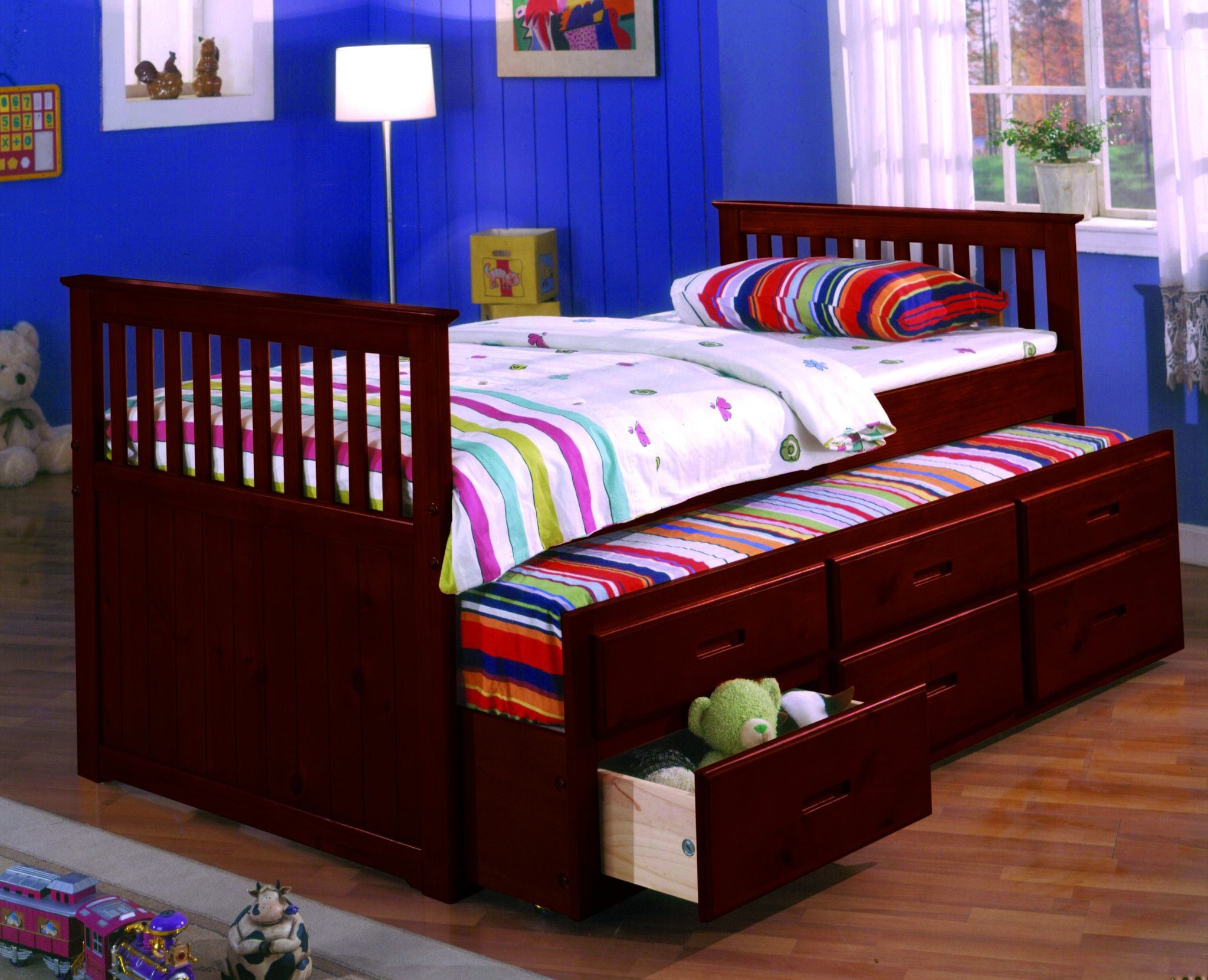 Twin Captain Bed W Trundle Drawers Cherry Pacific Imports Inc