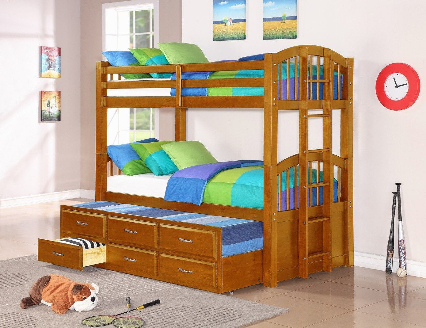 wooden bunk bed with drawers