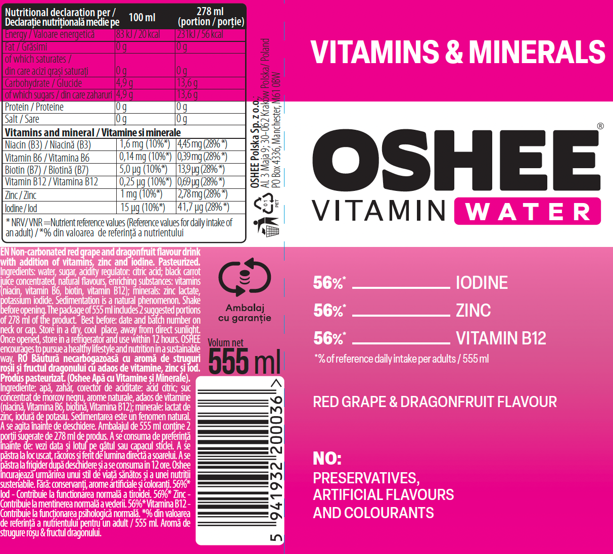 OSHEE APA CU VITAMINE VITAMINS & MINERALS 555ML