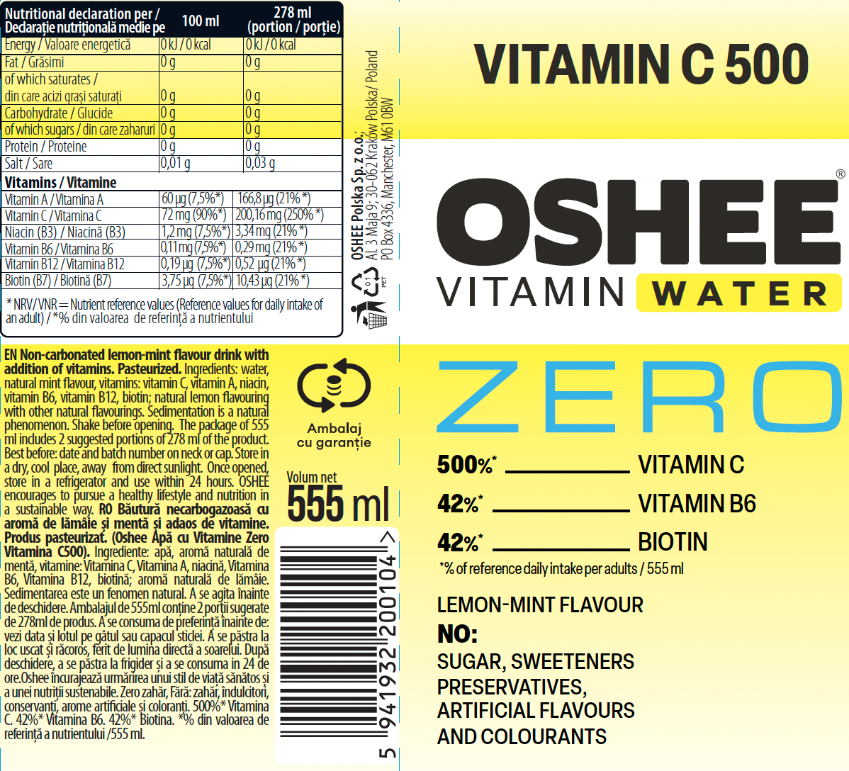 OSHEE APA CU VITAMINE ZERO C500 LEMON MINT 555ML