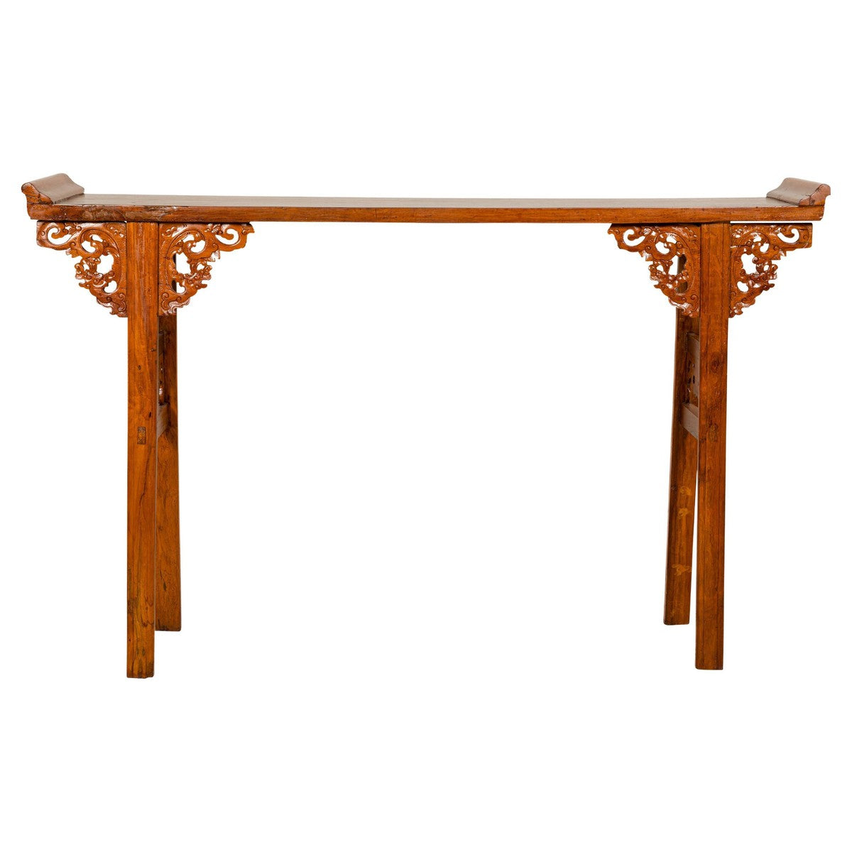 Qing Dynasty Tall Altar Console Table with Carved Scrolling Spandrels