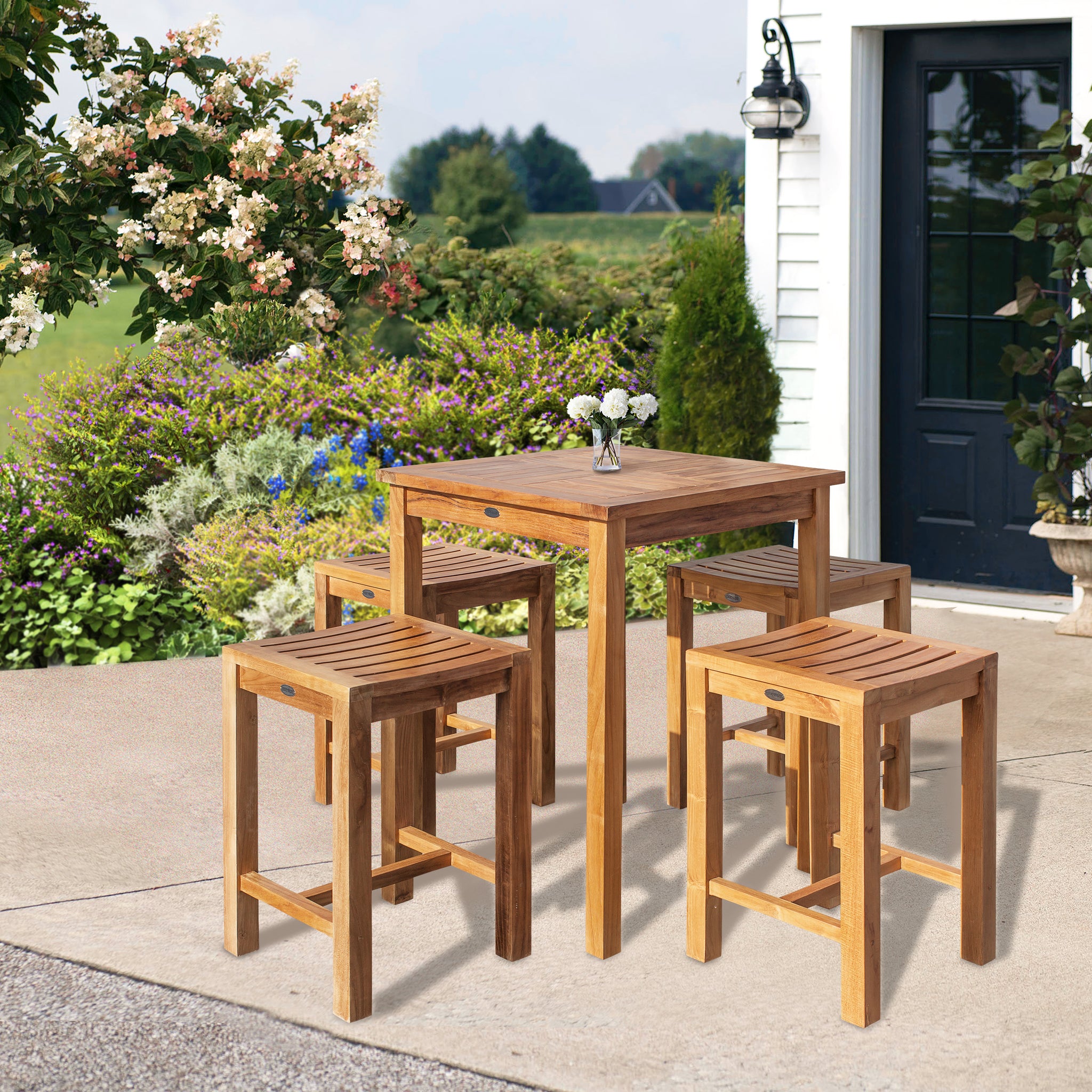 5 Piece Teak Wood Seville Small Counter Height Patio Bistro Set, 4