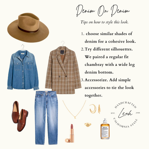 Head to toe denim with coordinating accessories featuring the Leah Kiss Me Fedora in tan 