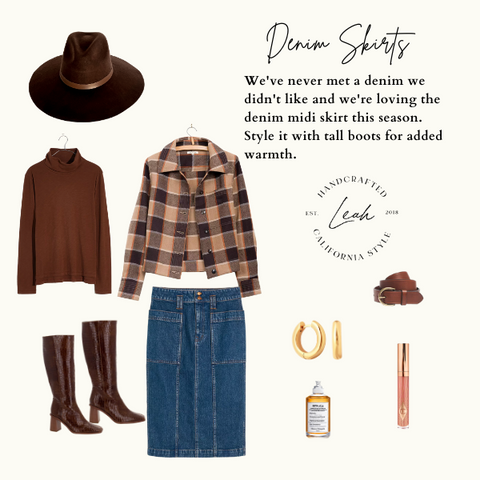 An unexpected denim skirt pairs well with the Leah Elise fedora in brown 