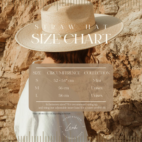 Leah hat size measurement chart for kids, women, and unisex style hats.