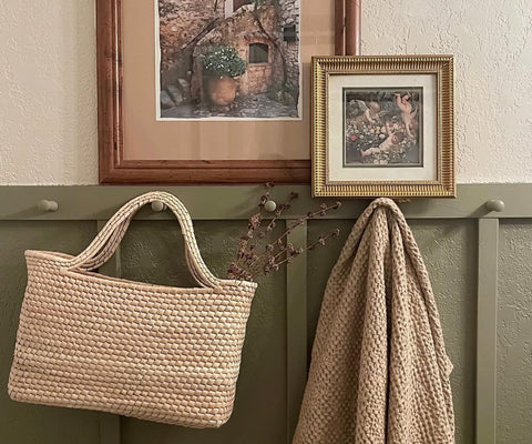 The Leah Magnolia straw market basket styled in a boho modern bathroom makeover by @blakely_payne. 
