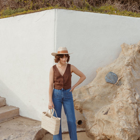 California inspired coastal cowgirl outfit featuring the Magnolia straw tote and Golden Cowboy hat