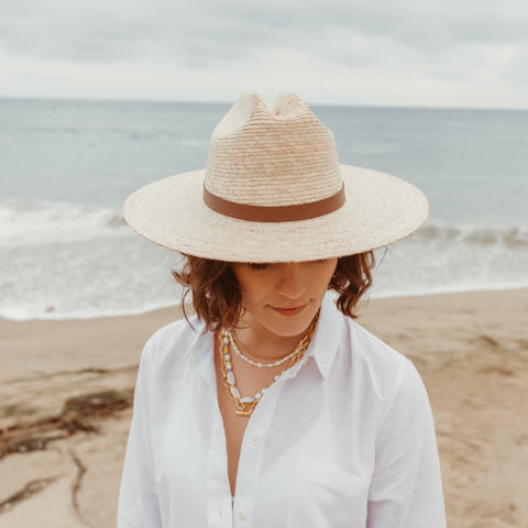 Close up details on the Moonlight straw hat, handcrafted by artisans, designed by Leah