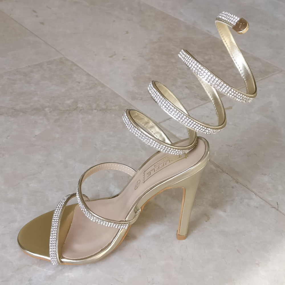 Gold Rhinestone Open Toe Spiral High Heels – Two Sisters Boutique UK
