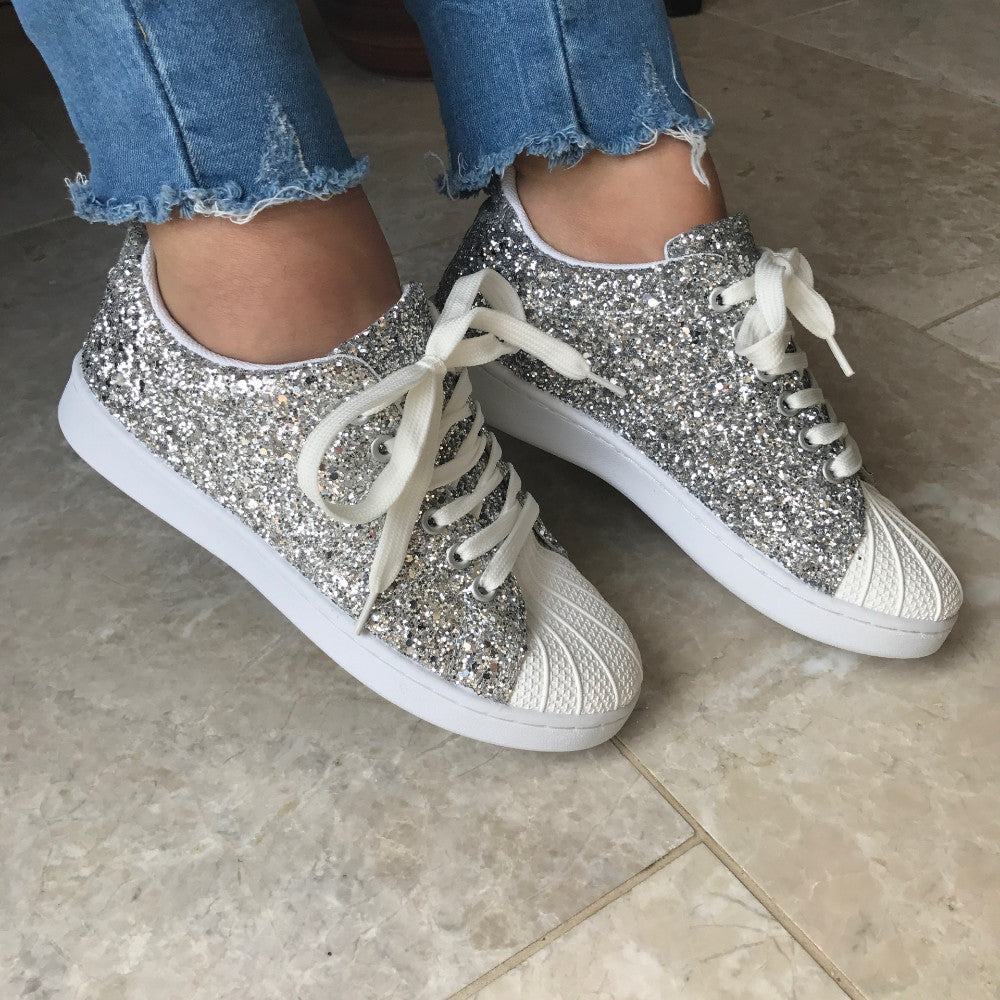 White & Silver Glitter Trainers – Two Sisters Boutique UK