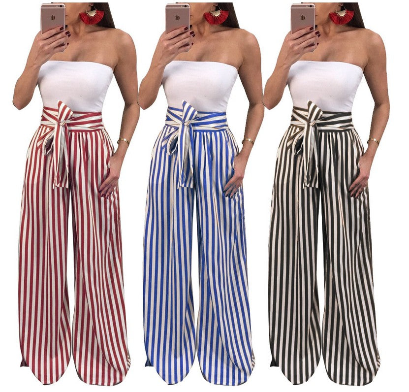High Waist Wide Leg Bow Tie Striped Palazzo Pants Ah Boutique