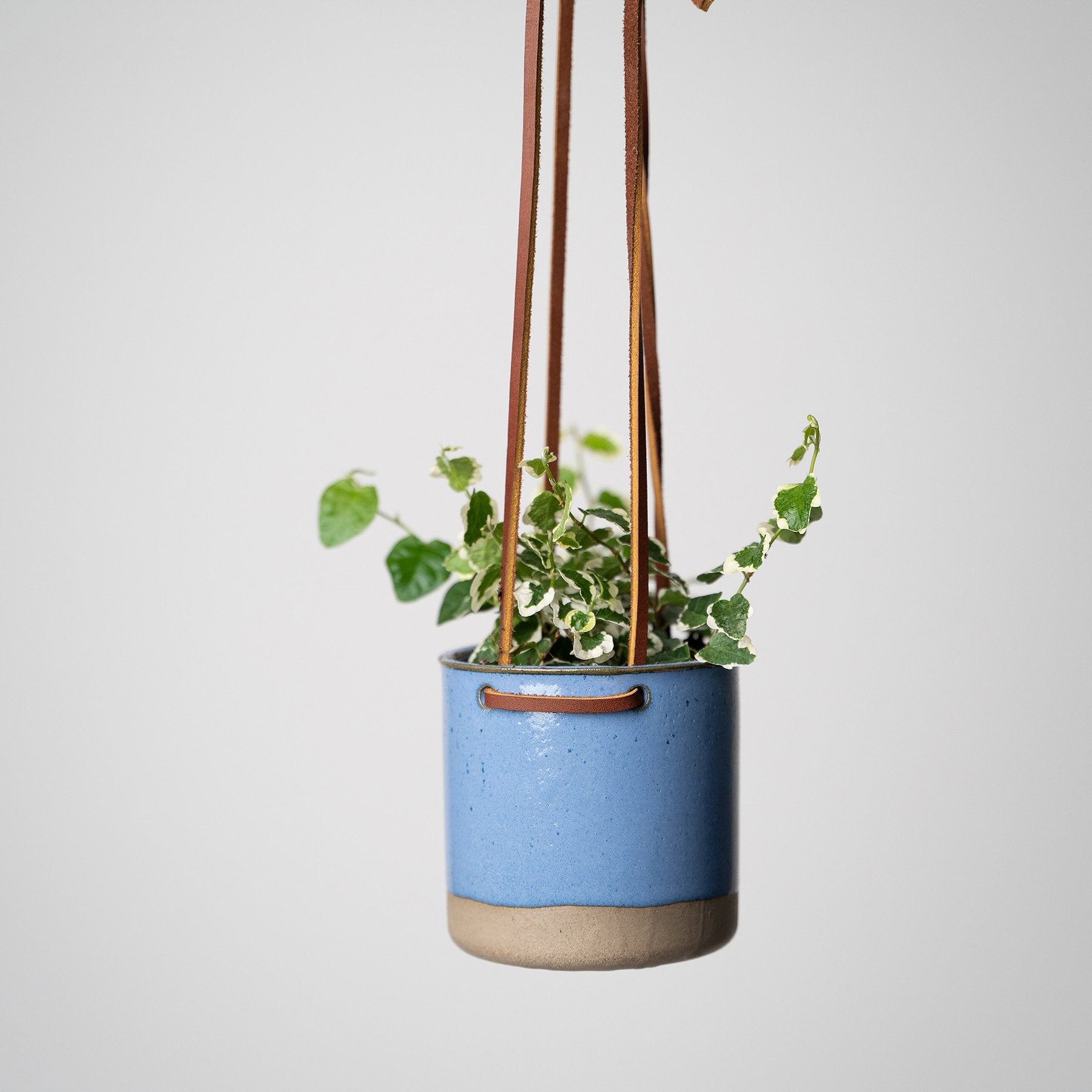 Hand-Crafted Hanging Pottery Planter with Leather Cord for Indoor or Outdoor Use