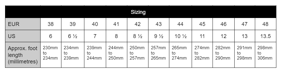 VeloKicks sizing chart/size guide