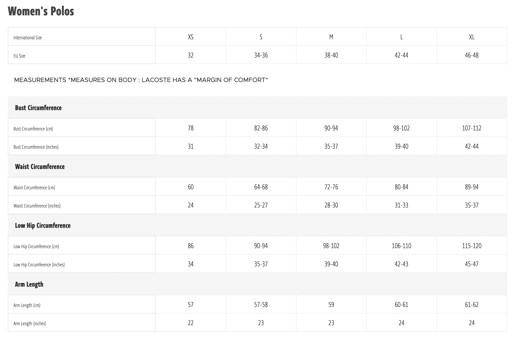 LACOSTE SIZE GUIDE