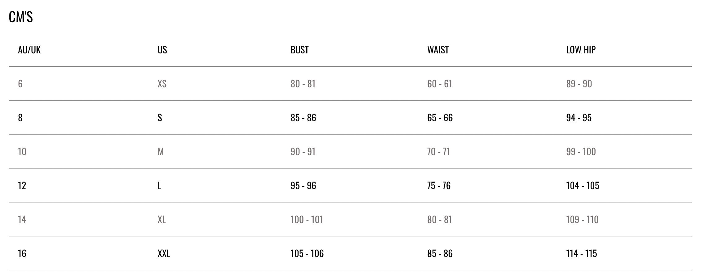 SOVERE SIZE GUIDE