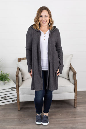 Michelle Mae Claire Hooded Waffle Cardigan - Charcoal