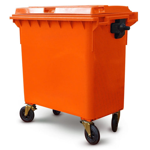 An orange 770-litre HDPE plastic wheelie bin