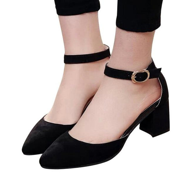 Pointed Toe Ankle Strap Square Heel Pumps – Fray