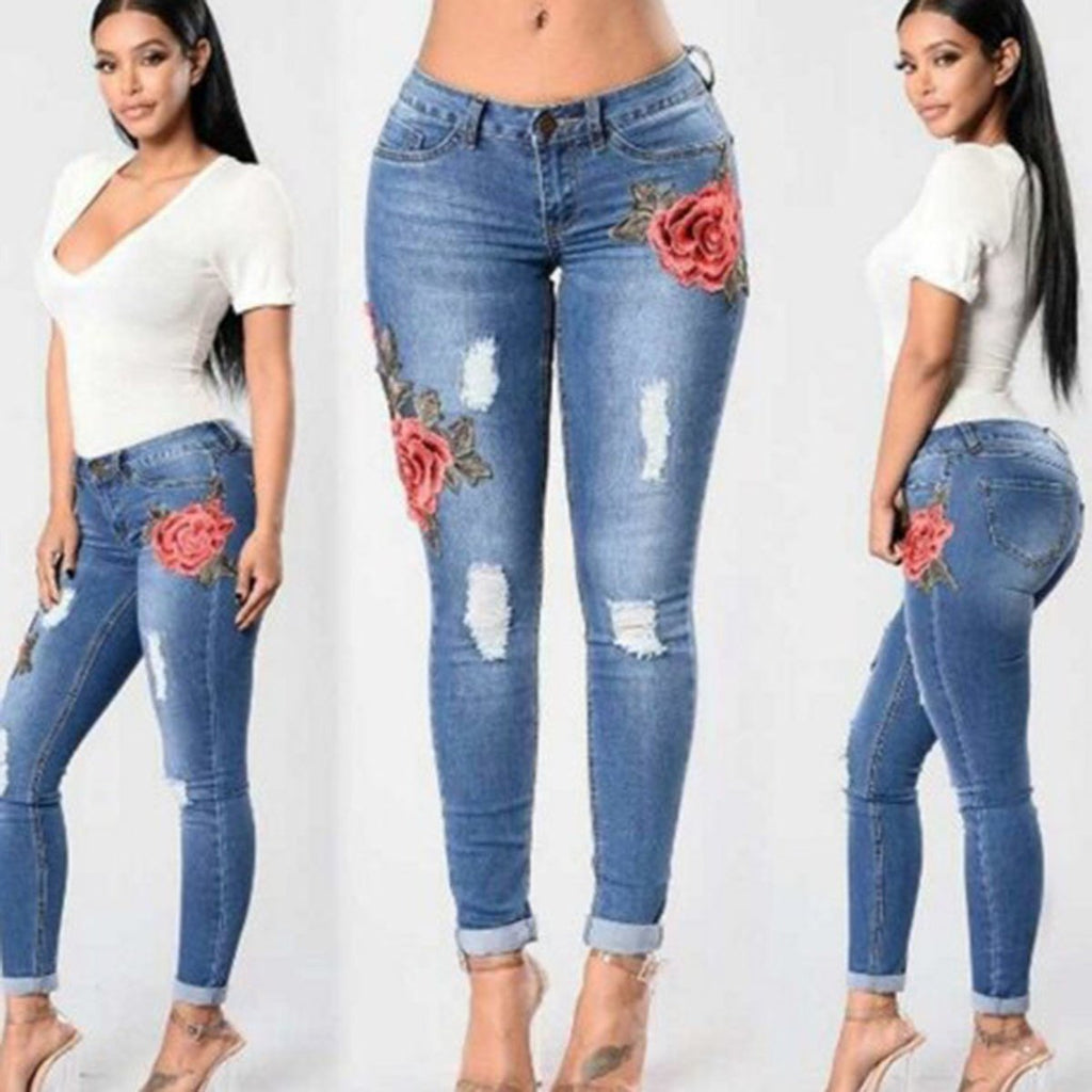 Embroidered Rose Skinny Leg Jeans – Fray