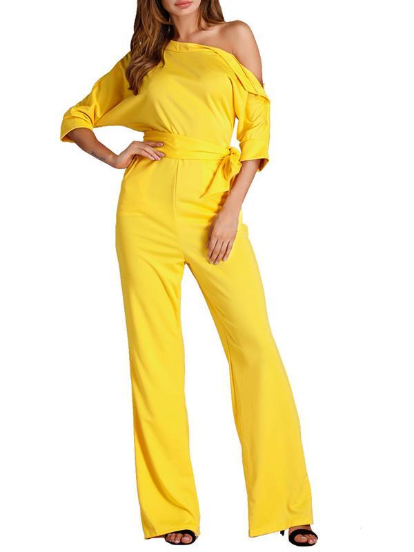 Open Shoulder Plain Long Sleeve Jumpsuits