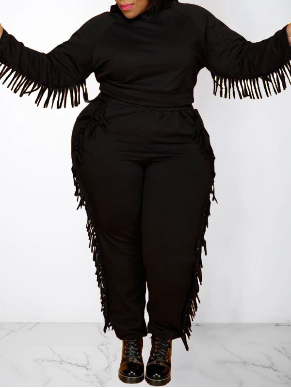 Plus Size Fringe Combo Hoodie & Pants Set