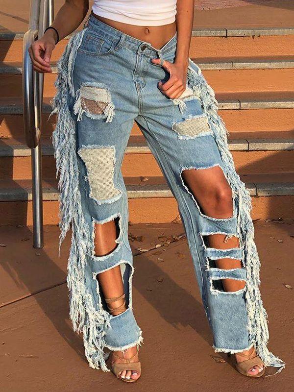 Queenfy Fringe Combo Ripped Jeans