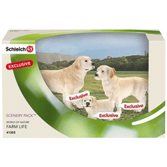 Schleich Golden Retrievers Scenery Pack  Schleich 41353  Introduced: 2013; Retired: 2014   Special Edition Golden Retriever 16335, Special Edition Golden Retriever 16377 and Special Edition Golden Retriever Puppy 16378  Released in Australia, USA, and Canada