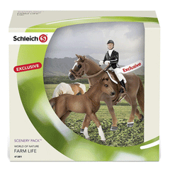 Schleich Show Jumping Scenery Pack  Schleich 41381  Introduced: 2014; Retired: 2014  Hanoverian mare 13729, Hanoverian foal 13730 and Special Edition jumping rider, jumping saddle and bridle  Released by ToysRus