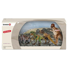Schleich Dinosaur Scenery Pack  Schleich 41354  Introduced: 2013; Retired: 2014  Special Edition Tyrannosaurs Rex, Velociraptor 14509, Allosaurus 14513 and Triceratops 14504  Released by Müller, Germany only