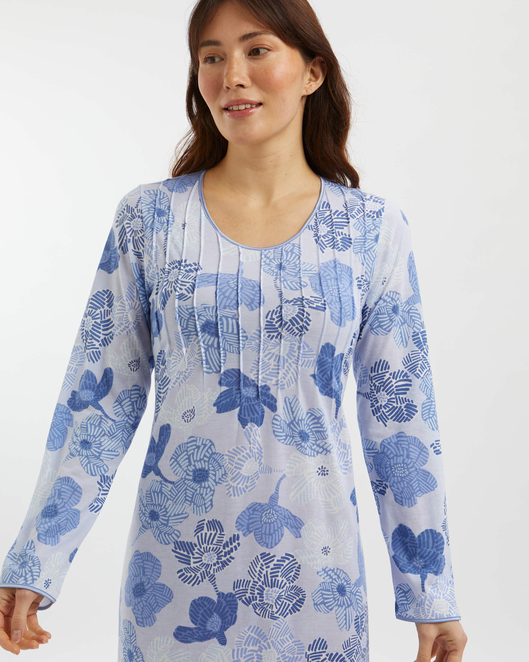 Women's French Pleat Long Sleeve Jersey Nightdress - Rosa Floral Blue ...