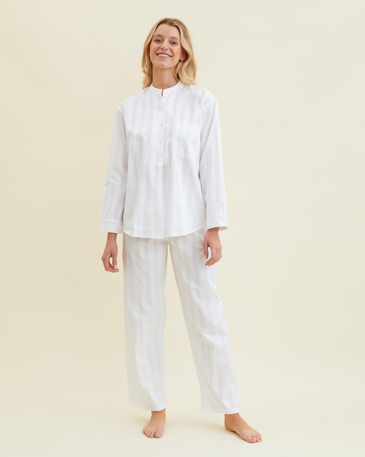 Women's Satin Stripe Cotton Pyjamas - White - Bonsoir of London product image