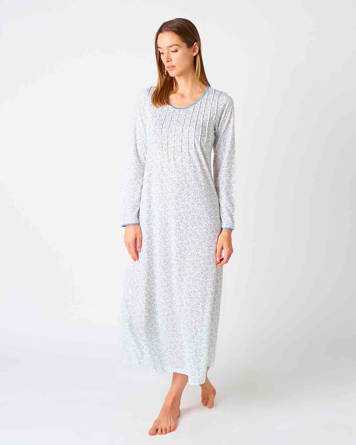 Women's French Pleat Blue Leaf Long Sleeve Nightdress ...