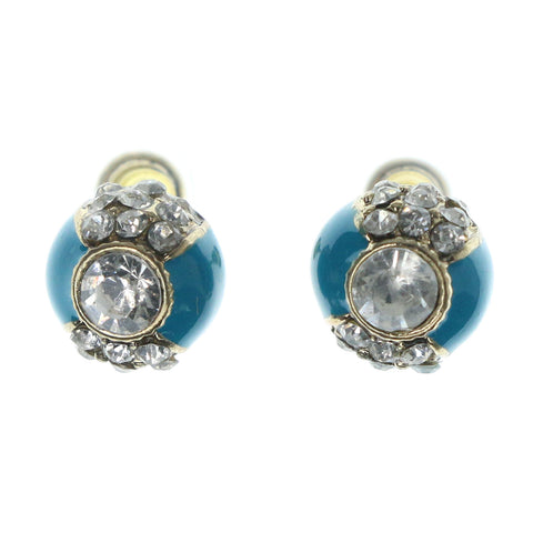 Blue & Gold-Tone Colored Metal Stud-Earrings With Crystal Accents #1029