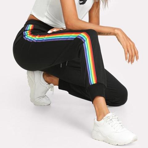 black joggers with rainbow stripe