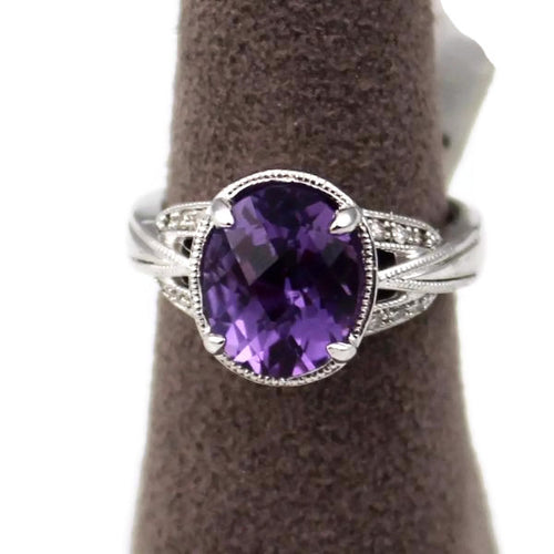 Colore Sg Sterling Silver Amethyst White Diamond Ring, New item #LVR522-DAM